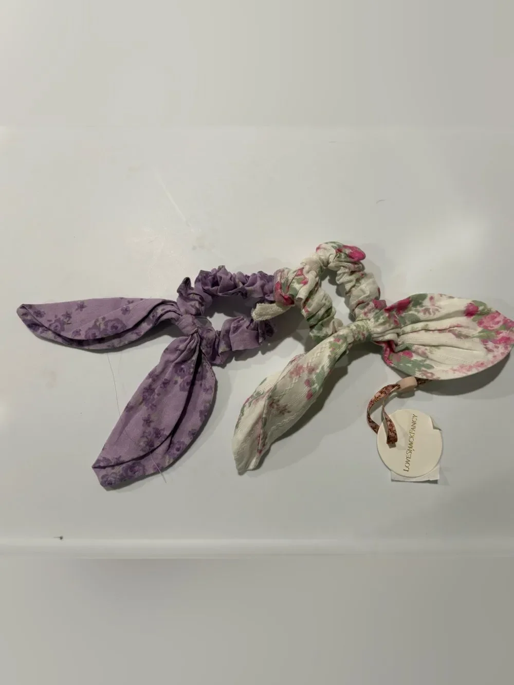 LoveShackFancy Lavender and Cream Floral Bow Scrunchie Duo
